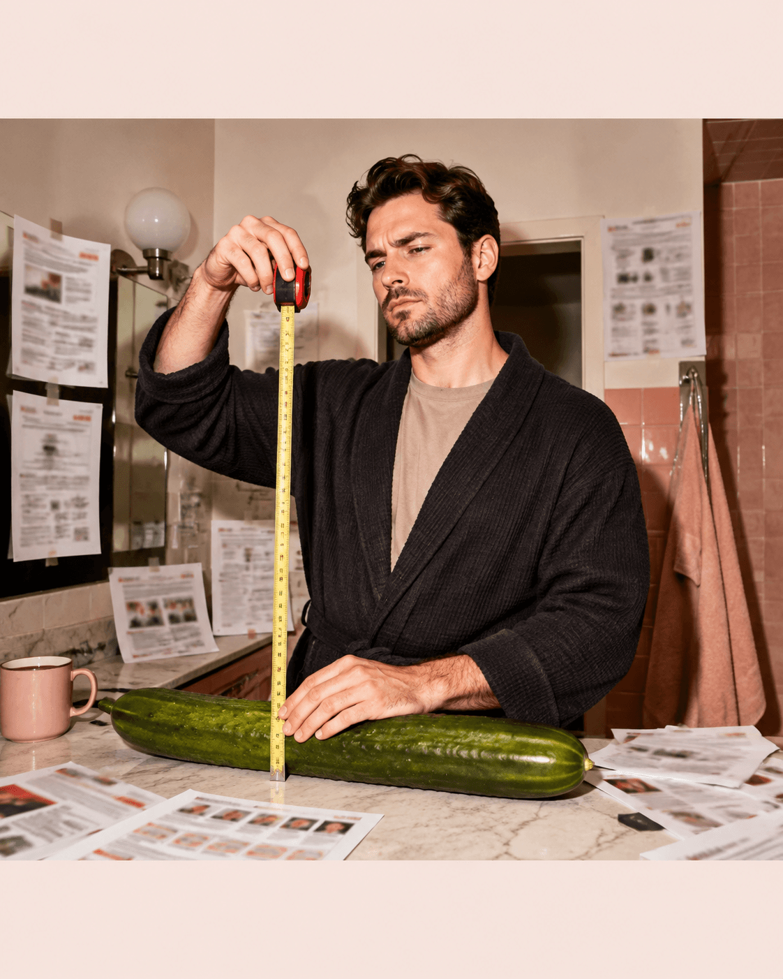 A fully clothed man solemnly measuring a cucumber at a bathroom counter